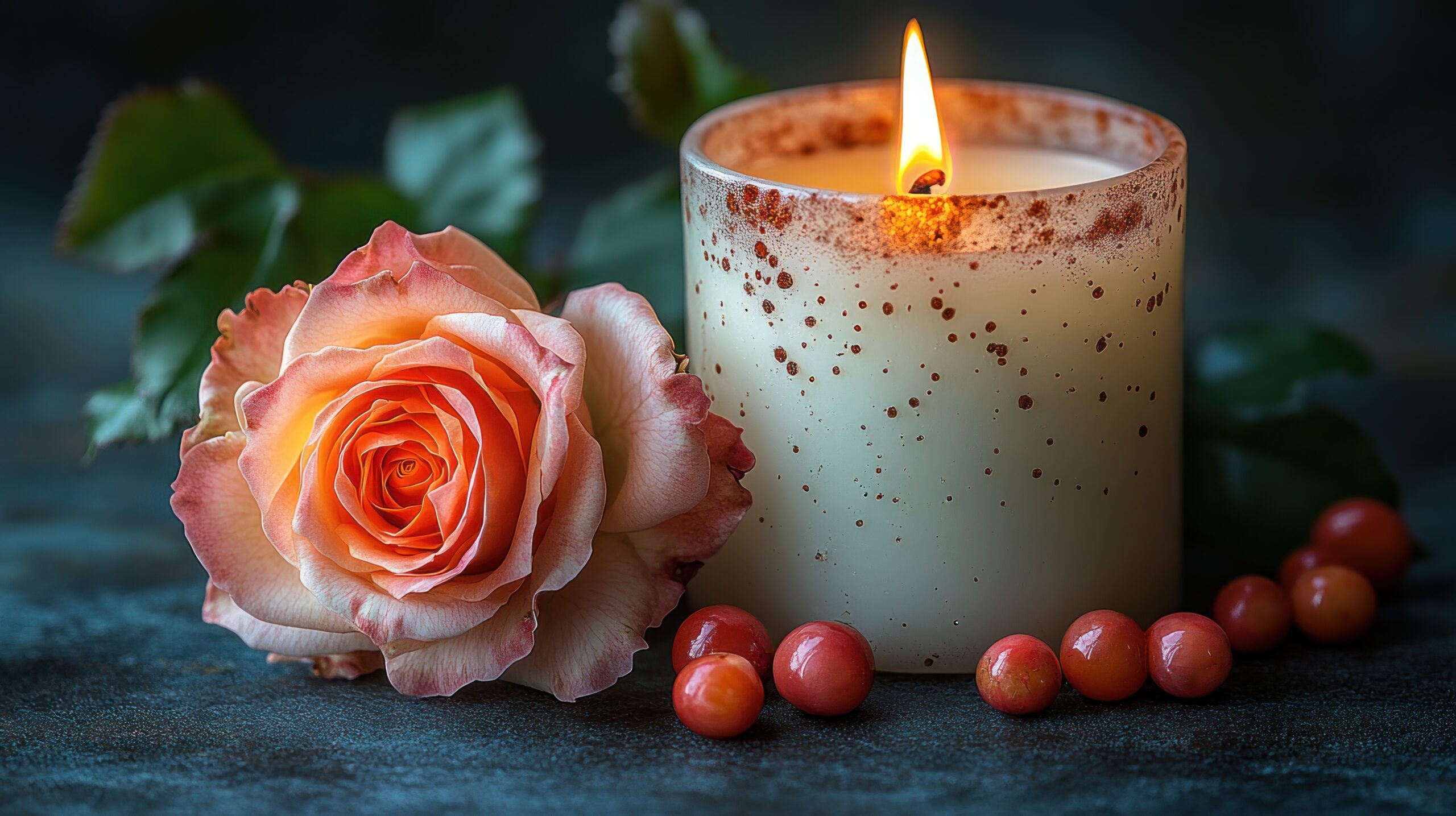 A detailed image of a white candle with a soft flickering flame and a rose beside it, the petals highlighted by the candle's glow, clear and realistic --chaos 45 --ar 16:9 --stylize 750 --v 6.1 Job ID: 0b63be87-8296-465f-9b64-66dddb519fc4