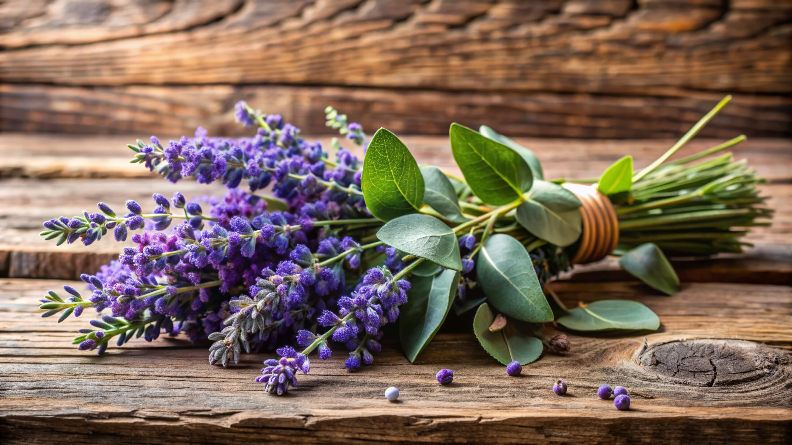 Serene natural arrangement of lavender and eucalyptus plants with delicate flowers and leaves on a rustic wooden background exuding calmness and freshness.
