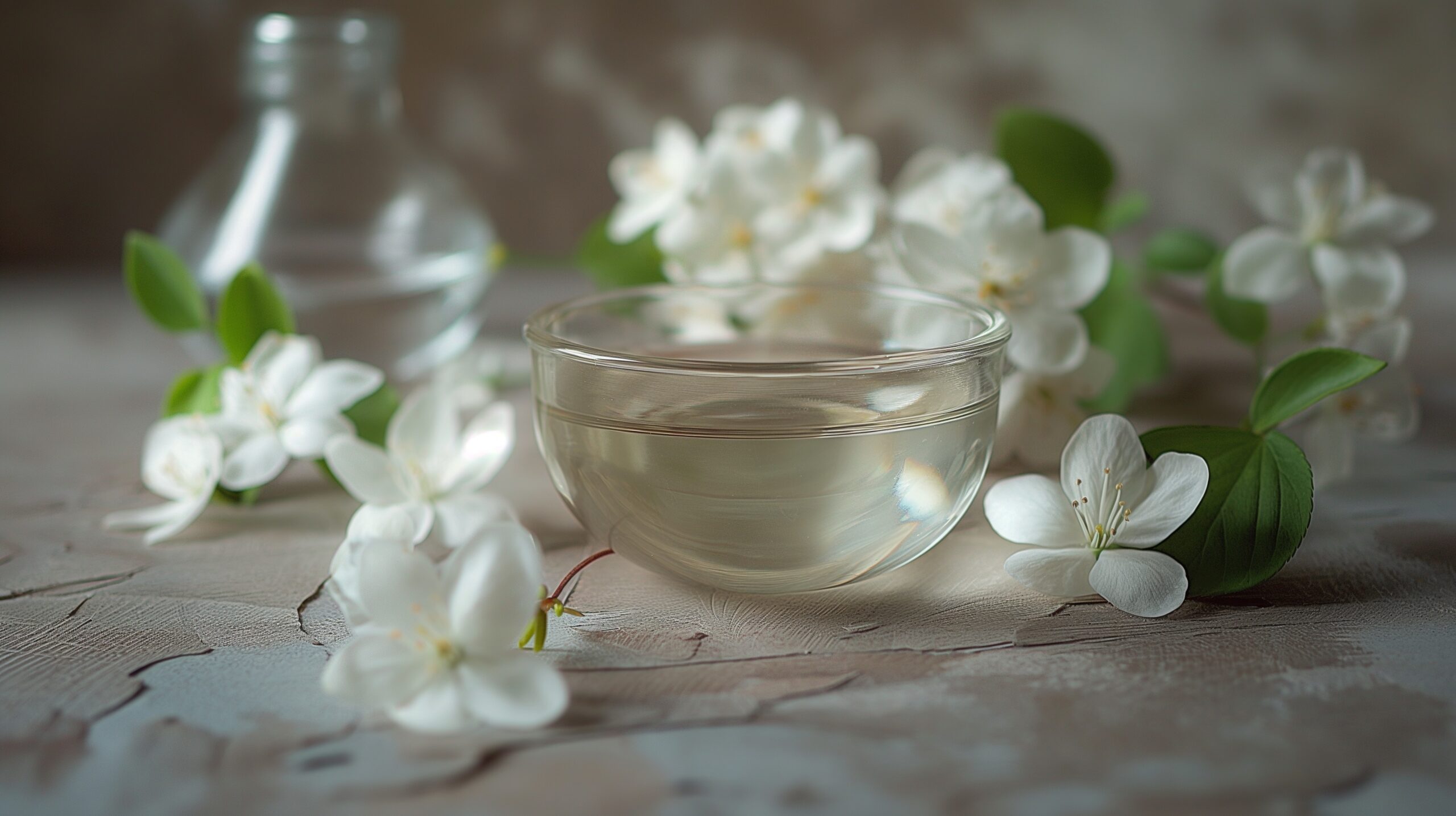 Geranium, neroli, jasmine luxury essential oils still life